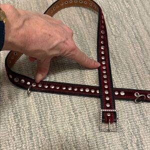 Jocelyn black leather, red velvet, silver Studded Belt.